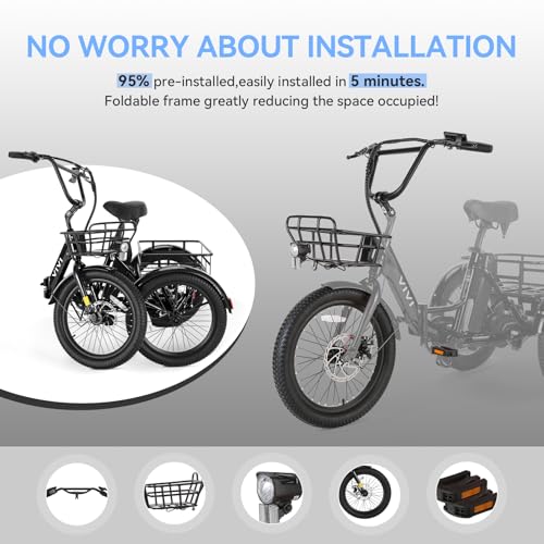 Vivi T01 20" x2.6 Fat Tire Electric Tricycle for Adults, 750W Peak, Folding 3-Wheel Bike D7496