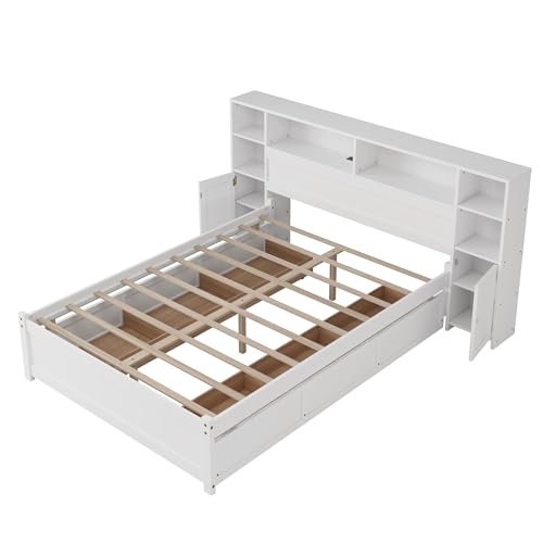 SOFTSEA Twin Size Captains Bed with 6 Storage Drawers and Bookcase Headboard, White H51434