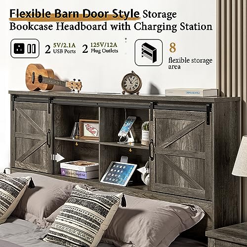 VanAcc Full Size Wooden Platform Bed with Bookcase Headboard and 2 Drawers O6158