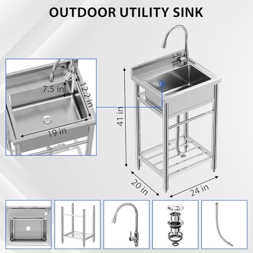 Stainless Steel Utility Sink with Faucet, Freestanding Single Bowl Y312305