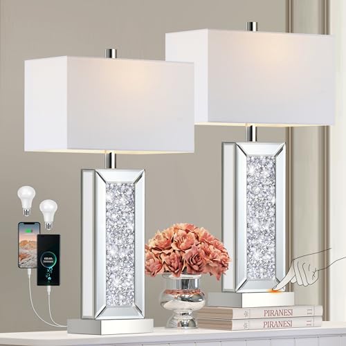 Modern Table Lamp Set of 2, Touch Control, Silver Crystal Bedside Lamp with USB Ports I576