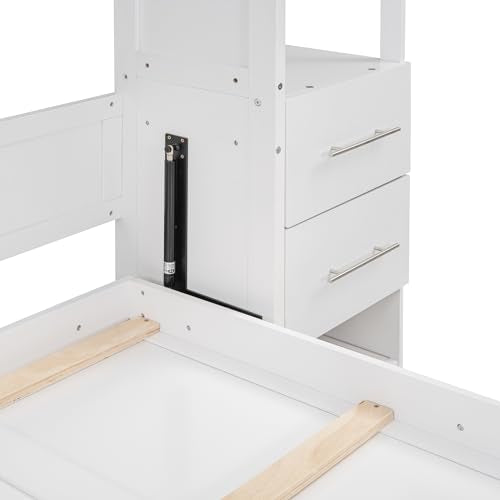 PURLOVE Queen Size Solid Wood Murphy Bed with Shelves and LED Lights H5456