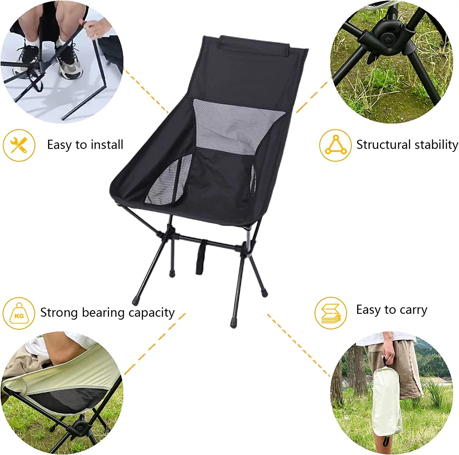Meromore High Back Camping Chair Heavy Duty Folding Portable with Breathable Mesh, Black B65777