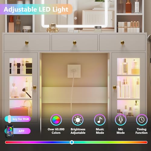 White Vanity Desk with Mirror and Lights, Glass Top, 3 Drawers V863482