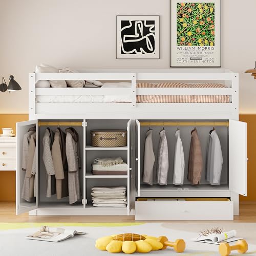 Harper & Bright Designs Twin Size Loft Bed with L-Shaped Desk and Stairs, Solid Wood, White D768