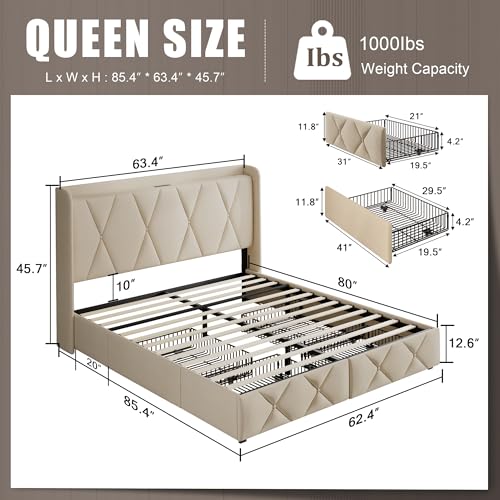 Queen Bed Frame with 4 Storage Drawers and Charging Station, Black S804993
