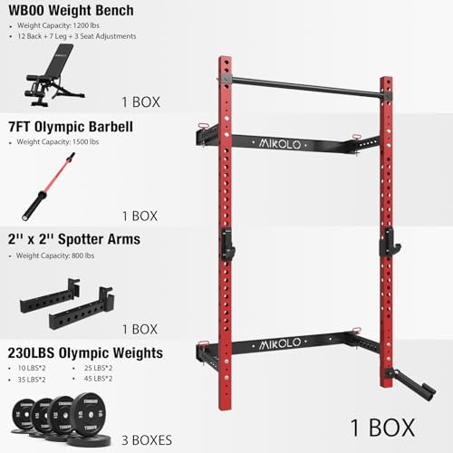 Mikolo 2" x 2" Folding Wall Mounted Squat Rack with Pull Up Bar, 1000 lbs Capacity W88407