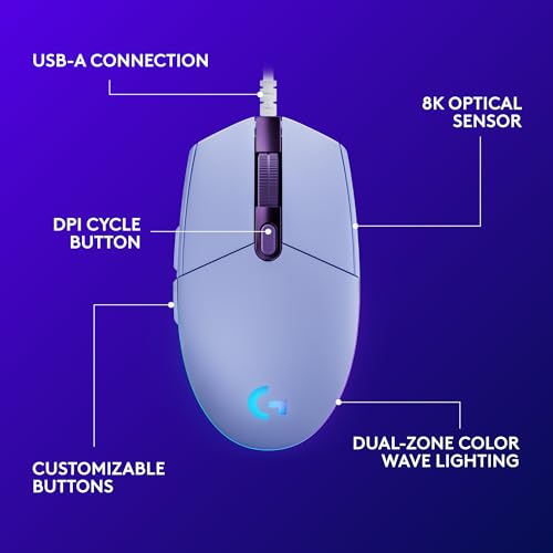 Logitech G203 Wired Gaming Mouse, 8,000 DPI, RGB, 6 Programmable Buttons, PC/Mac - Black U28629