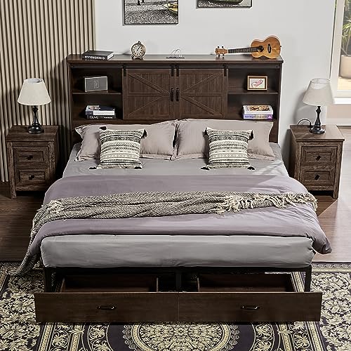 VanAcc Full Size Wooden Platform Bed with Bookcase Headboard and 2 Drawers O6158