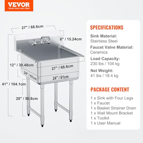 VEVOR Stainless Steel Prep & Utility Sink with Faucet and Legs, 21"x18" Single Bowl L5070
