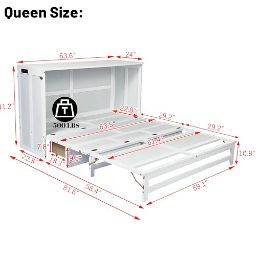 Queen Murphy Bed Cabinet with Storage Drawer and Charging Station, Solid Pine, White A401