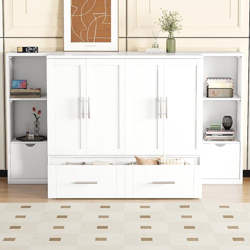 Queen Size Solid Pine Murphy Bed Chest with Charging Station and Storage Drawer K498