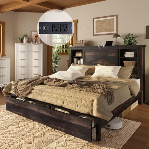 AMERLIFE King Bed Frame with Bookcase Headboard and Charging Station V4787