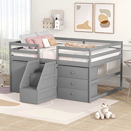 Full Size Low Loft Bed with Retractable Writing Desk and Storage Q64739