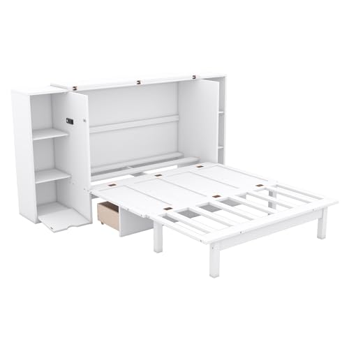 Queen Size Solid Pine Murphy Bed Chest with Charging Station and Storage Drawer K498