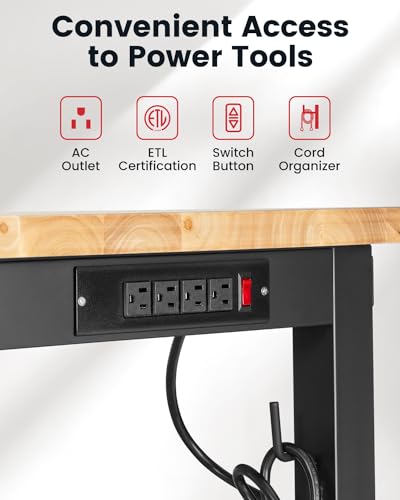 48 Inch Adjustable Height Workbench with Rubberwood Tabletop and Power Outlets X1723