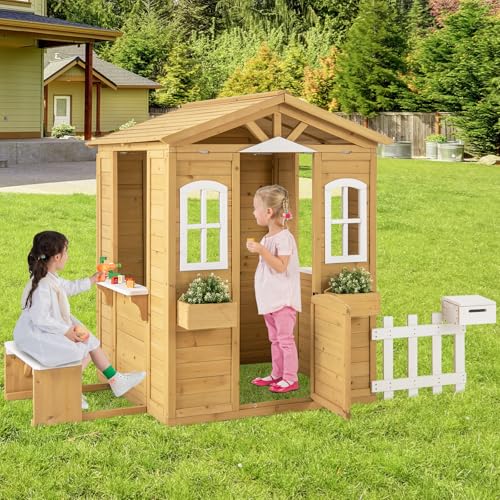 Costzon Outdoor Fir Wood Playhouse for Kids with Bench & Mailbox N477566