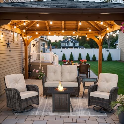 Outdoor Wicker Swivel Rocker Chairs Set of 2 with Rattan Side Table, Brown/Blue B592