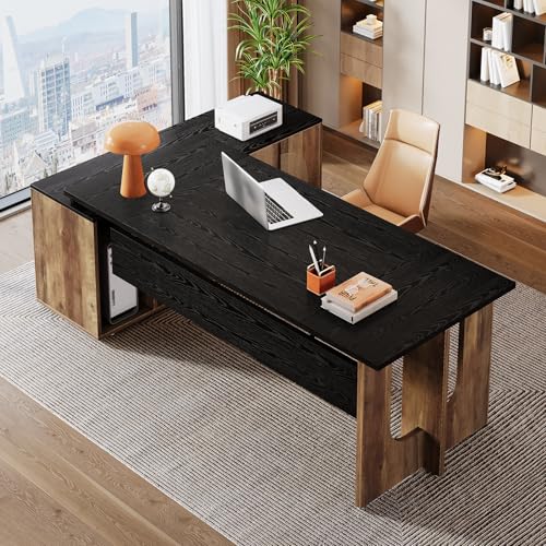 Tribesigns 74.8" L Shaped Executive Desk with Shelves, Black and Brown R6407