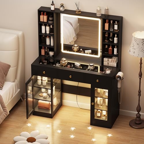White Vanity Desk with Mirror and Lights, Glass Top, 3 Drawers V863482