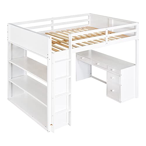 Harper & Bright Designs Full Size Loft Bed with Wardrobe and Desk, Solid Wood, White R4710
