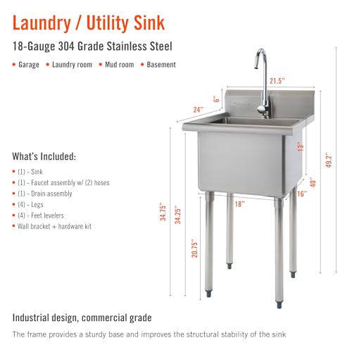 TRINITY THA-0307 Stainless Steel Freestanding Utility Sink with Chrome Faucet Y769640
