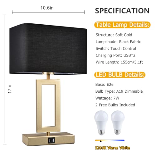 22" Touch Control Table Lamps with USB Ports, Dimmable, Gold & White V1178