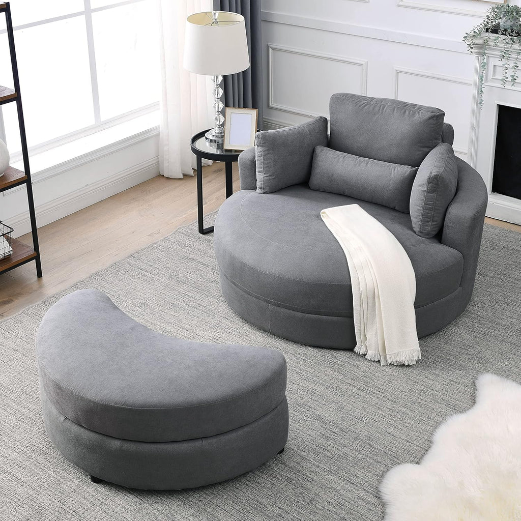 Welike Swivel Accent Barrel Chair with Ottoman, Dark Grey Linen Fabric I52821