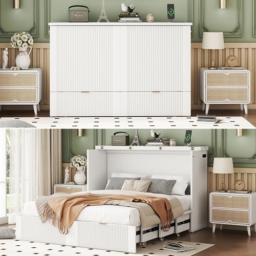 Harper & Bright Designs Queen Murphy Bed Cabinet with USB Charging Station, White D9669