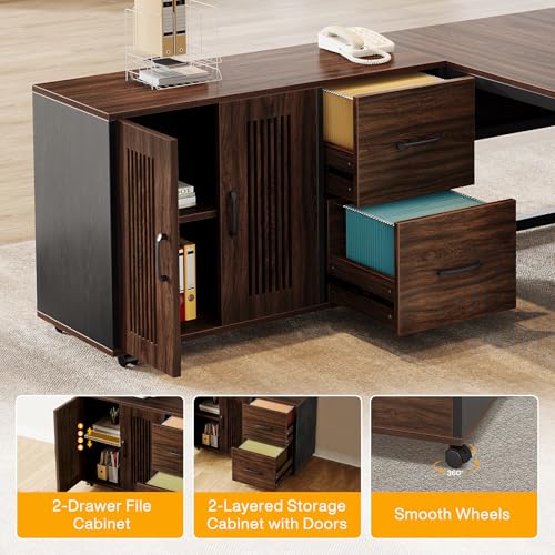 Tribesigns 63-Inch L-Shaped Executive Desk with Mobile File Cabinet, Dark Walnut & Black Z695