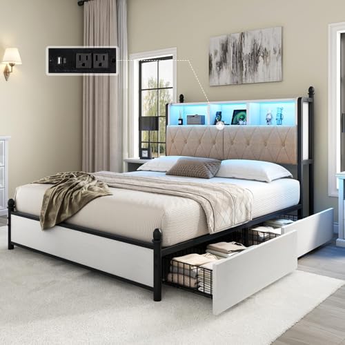 AMERLIFE Full Size Bed Frame with Bookcase Headboard, Charging Station, Rustic Brown H544