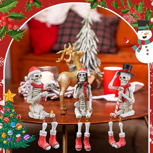 Soulchen 3 Pcs Skeleton Figurines with Christmas Hat and Scarf 7.5" Tall W331129