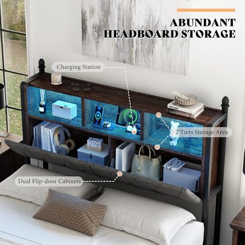 AMERLIFE Full Size Bed Frame with Bookcase Headboard, Charging Station, Rustic Brown H544