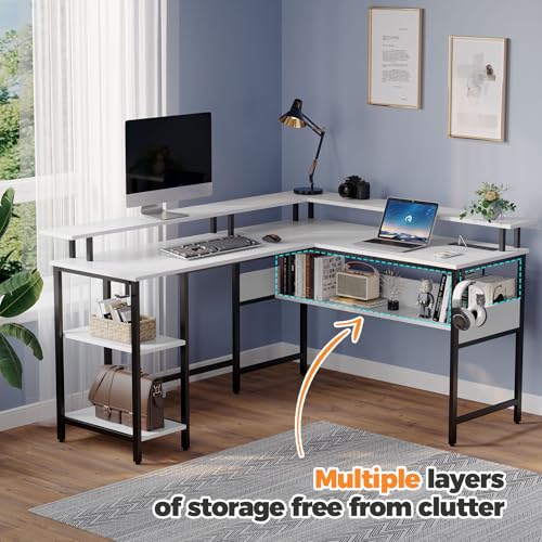 Rolanstar Computer Desk 56.7" with LED Lights and Power Outlets, Carbon Fiber Surface K1543