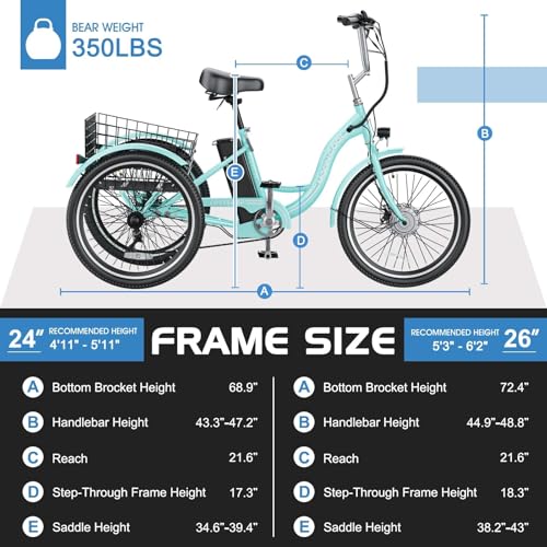 MOONCOOL Electric Tricycle for Adults, 350W 36V, 7 Speeds with Large Basket L833080