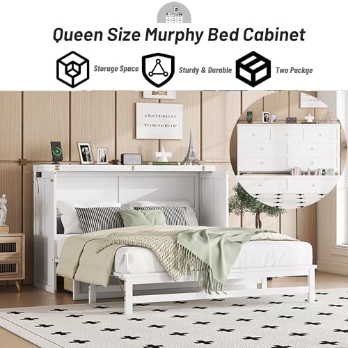 Queen Murphy Bed Cabinet with Storage Drawer and Charging Station, Solid Pine, White A401