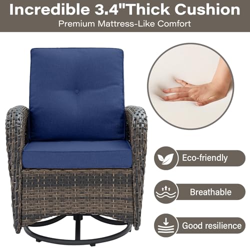 Outdoor Wicker Swivel Rocker Chairs Set of 2 with Rattan Side Table, Brown/Blue B592