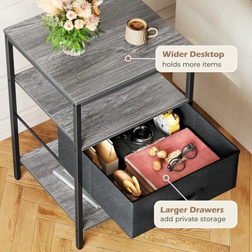 SUPERJARE Nightstand with Charging Station, Fabric Drawer, 3-Tier Storage, Walnut K366263