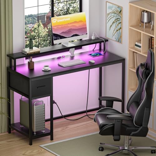 GreenForest Gaming Desk 39 Inch with LED Lights and Monitor Stand, Black S99189