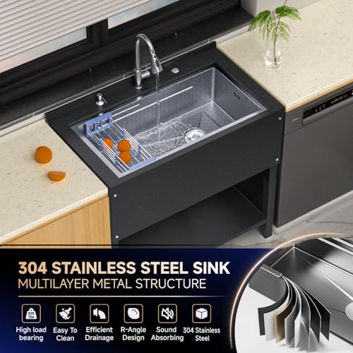 Stainless Steel Utility Sink 36" Freestanding with Pull Out Faucet, Black Y959806