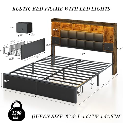 LED Bed Frame Full Size with Bookshelf Headboard and Charging Station R978868