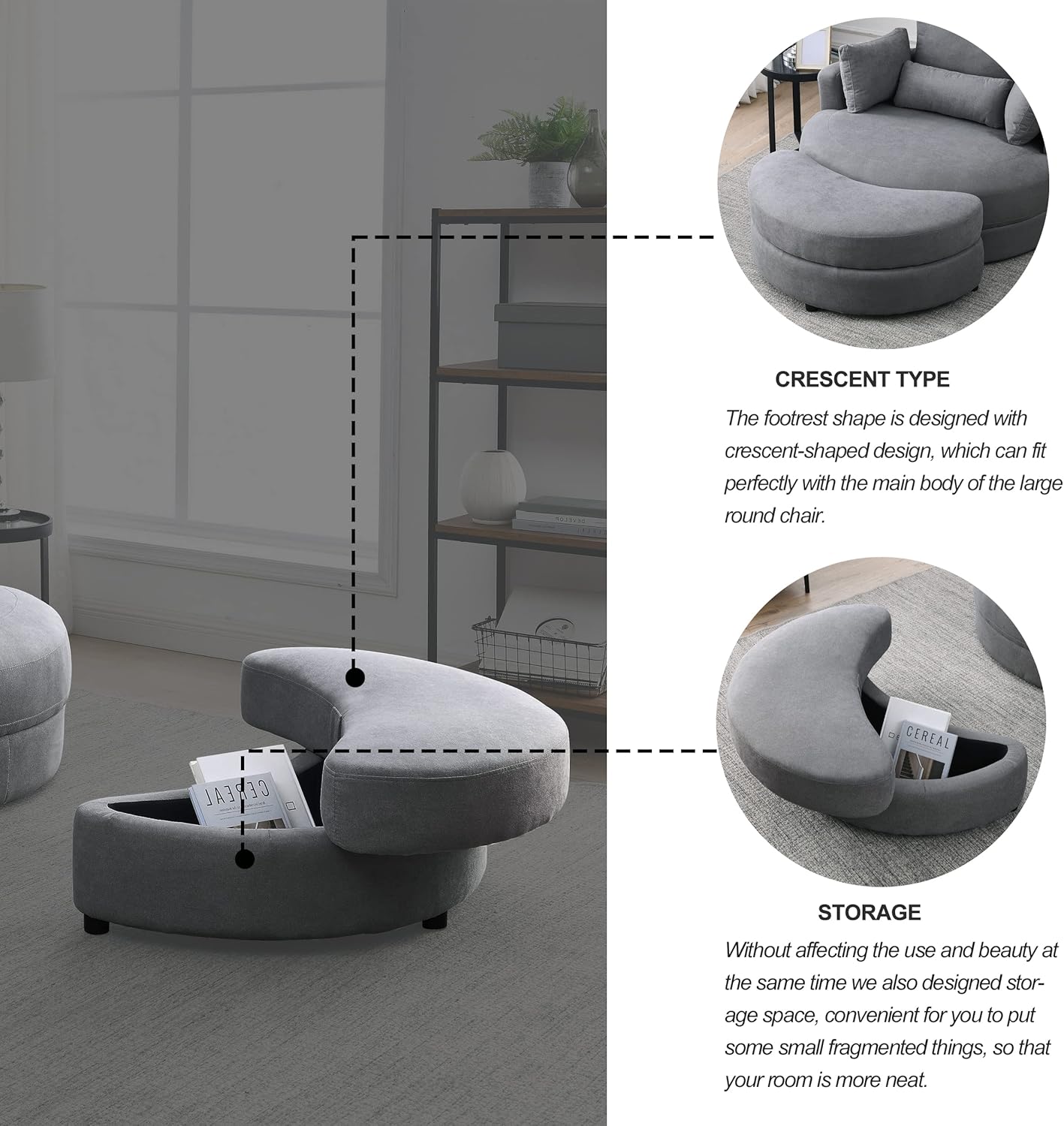 Welike Swivel Accent Barrel Chair with Ottoman, Dark Grey Linen Fabric I52821