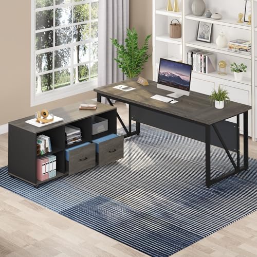 Tribesigns 63" Executive Desk with 47" Lateral File Cabinet, L-Shaped Computer Desk, Brown and Black N680173
