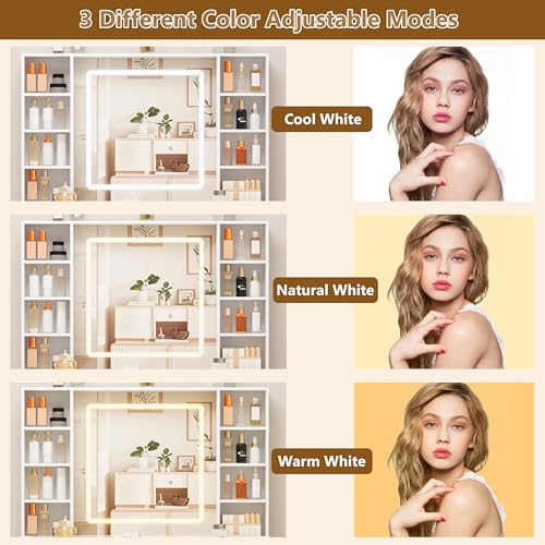 White Vanity Desk with Mirror and Lights, Glass Top, 3 Drawers V863482