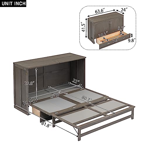Queen Size Solid Pine Murphy Bed Chest with Charging Station and Storage Drawer K498