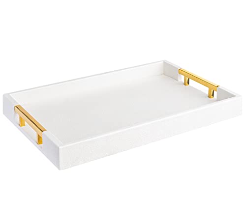 White Marble Faux Leather Decorative Tray with Handles D972626