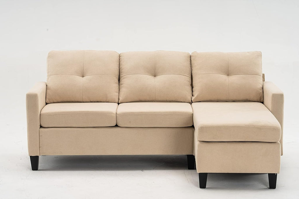 75" Modern Fabric Sofa and Chaise Convertible to Ottoman in Beige Reversible Sectional Sectional Living Room Home Furniture