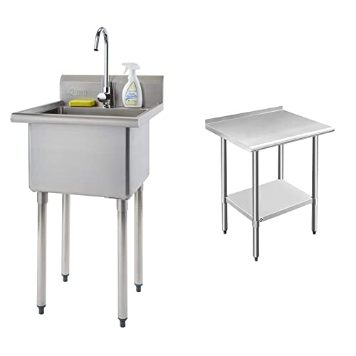 TRINITY THA-0307 Basics Stainless Steel Freestanding Single Bowl Utility Sink with Chrome Faucet, NSF Certified, for Garage, Laundry Room, and Kitchen, 21.5” x 24” x 49.2”, Silver