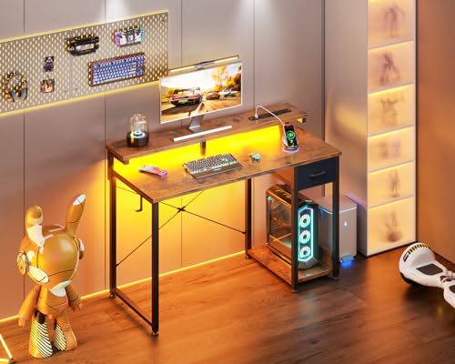 AODK Gaming Desk with LED Lights & Power Outlet, 40 Inch, Black T67329