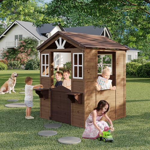 Cedar Wooden Kids Playhouse with Play Kitchen and Vinyl Roof U118424